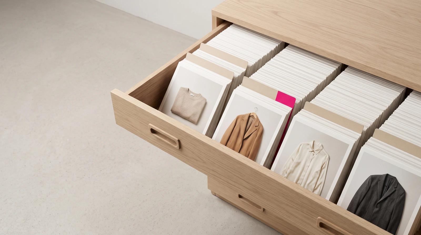 A wide archive drawer pulled open, packed with hundreds of filed garment prints standing on edge, one magenta card divider standing proud among the plain oat ones