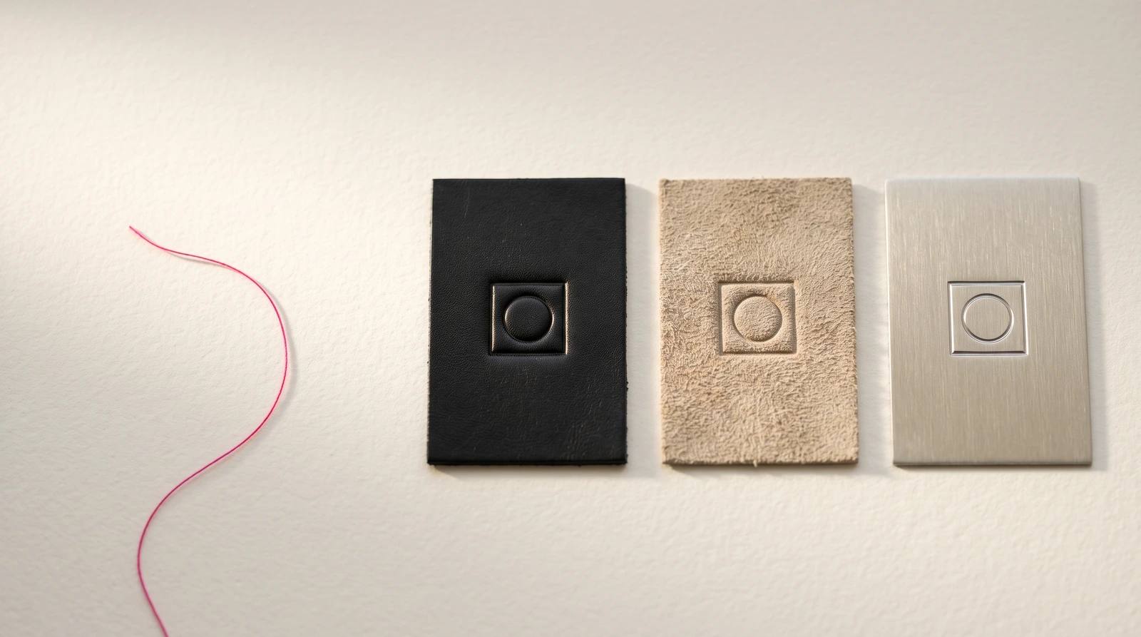 Three small swatches laid in a row on ivory paper — black calf leather, oat suede and brushed steel — each carrying the same shallow blind-pressed impression, with a single magenta silk thread curving on the empty paper to their left